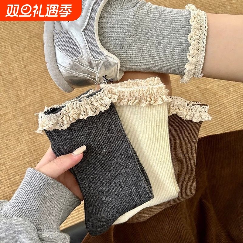 韩系ins甜美少女纯色竖条中筒袜秋冬日系简约复古褶皱花边堆堆袜