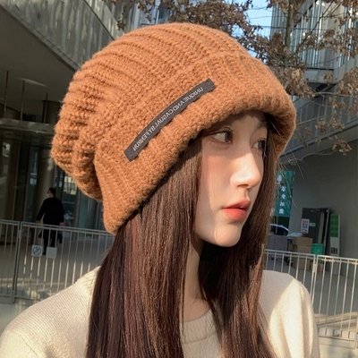 毛线帽子秋冬季堆堆帽保暖护耳冷帽大头围显脸小百搭针织帽女灰色