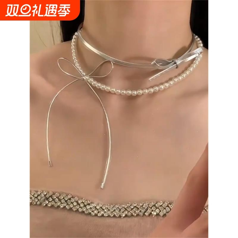 zoozmomo银色皮绳蝴蝶结珍珠项链女甜酷风设计感小众双层锁骨