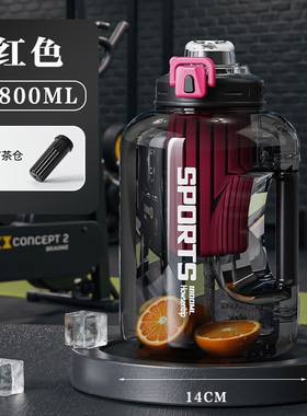 浦司 水杯大容量吨吨桶 实心把手+茶仓 1800ML红色*1