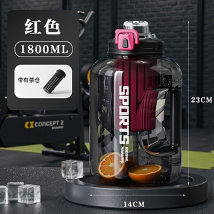 浦司 水杯大容量吨吨桶 实心把手+茶仓 1800ML红色*1