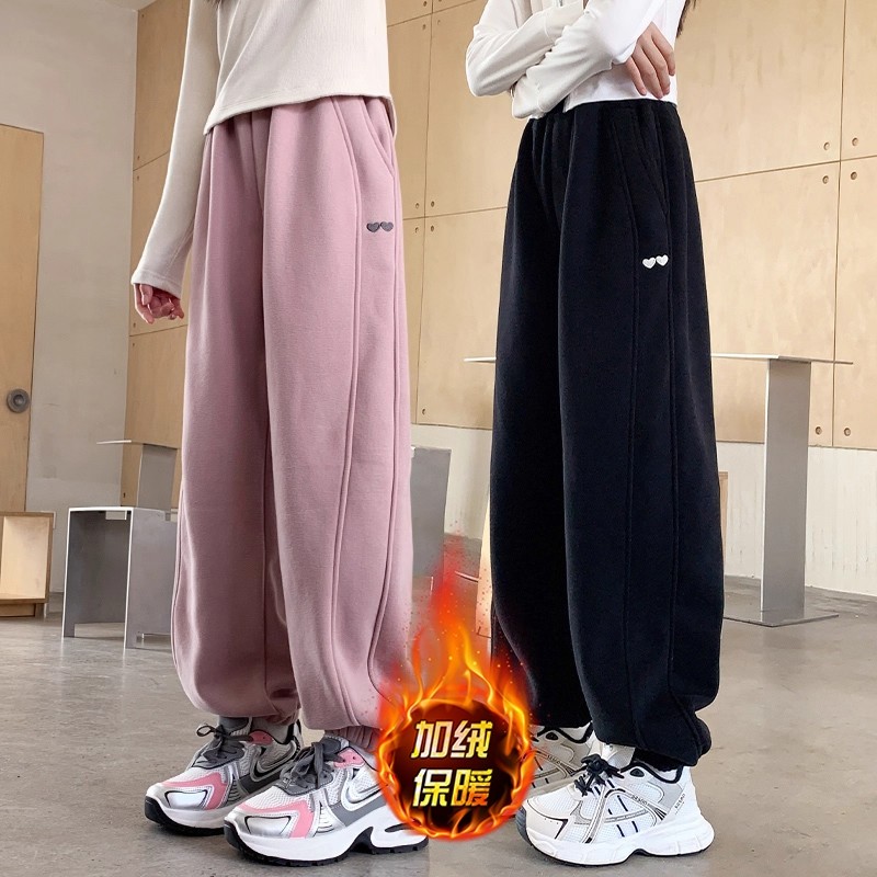女童加绒加厚裤子2025年秋冬新款儿童休闲运动卫裤黑色中大童长裤