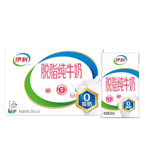 伊利脱脂牛奶250ml*16盒整箱儿童学生中老年早餐奶0脂食品牧场