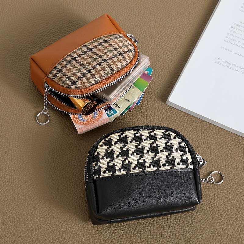 新款迷你零钱包女精致高档千鸟格帆布收纳包大容量拉链小钱包钥匙