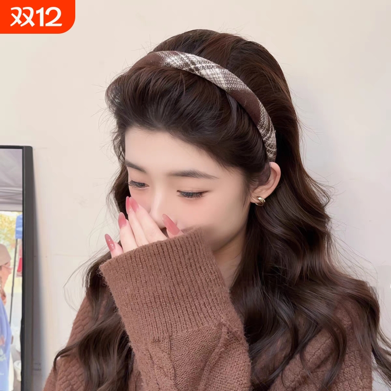 复古格纹布艺细边高颅顶发箍女款高级感洋气时尚轻奢头箍洗脸发卡