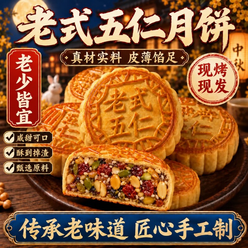 传统老式五仁月饼馅料中秋节送礼经典广式酥皮饼官方旗舰店
