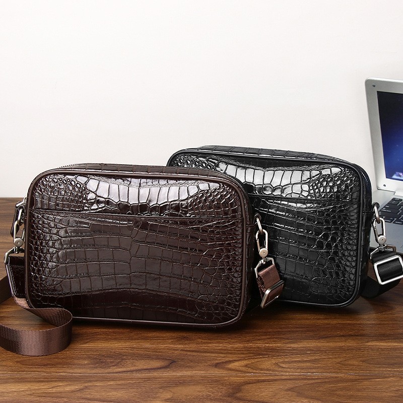 新款鳄鱼肚纹男士单肩斜跨包真皮邮差包横款牛皮男包斜挎头层