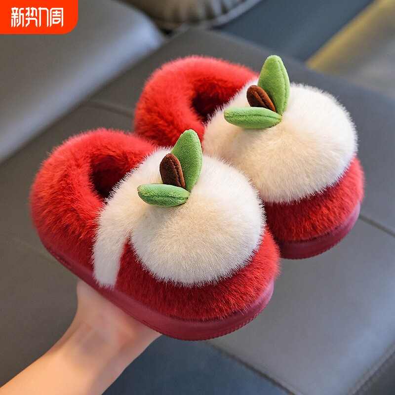 儿童棉拖鞋冬季女童男童毛绒宝宝棉鞋包跟家居鞋棉拖软底红色室内