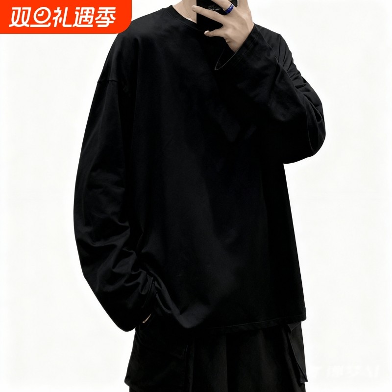 春秋新款纯色T恤衫男女同款圆领宽松时尚潮牌简约百搭长袖打底衫