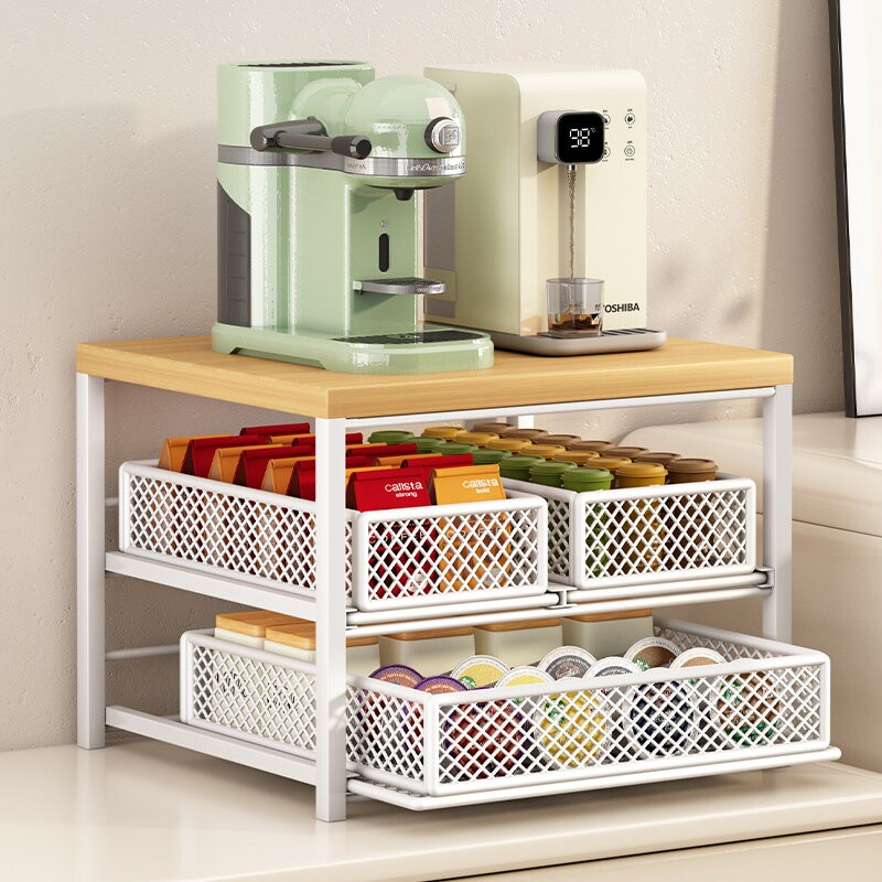 桌面咖啡机置物架抽屉餐边柜咖啡茶包整理架工位水杯收纳架子滑轨