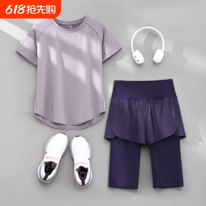 瑜伽服女跑步运动套装夏季薄款晨跑服五分裤透气速干短袖健身衣服