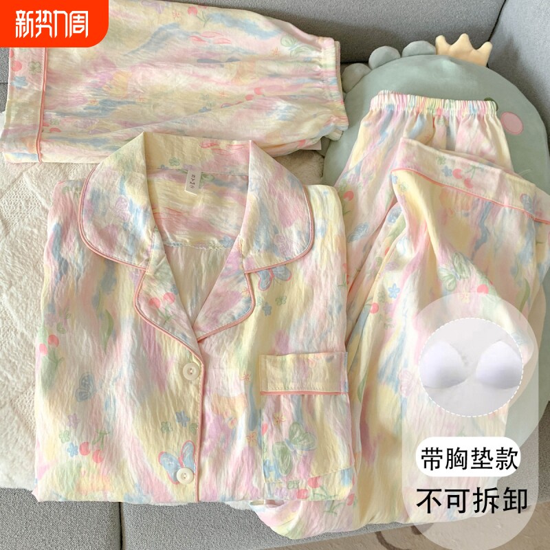 红豆甜美晕染花蝴蝶大码睡衣女带胸垫一体春夏季云朵纯棉纱少女三