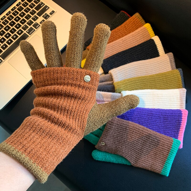 美拉德两用拼色针织毛线手套女士冬季露指可触屏保暖护腕骑行学生
