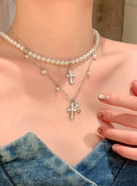 美式双层~珍珠十字架辣妹叠戴项链女高级感轻奢小众锁骨链颈链
