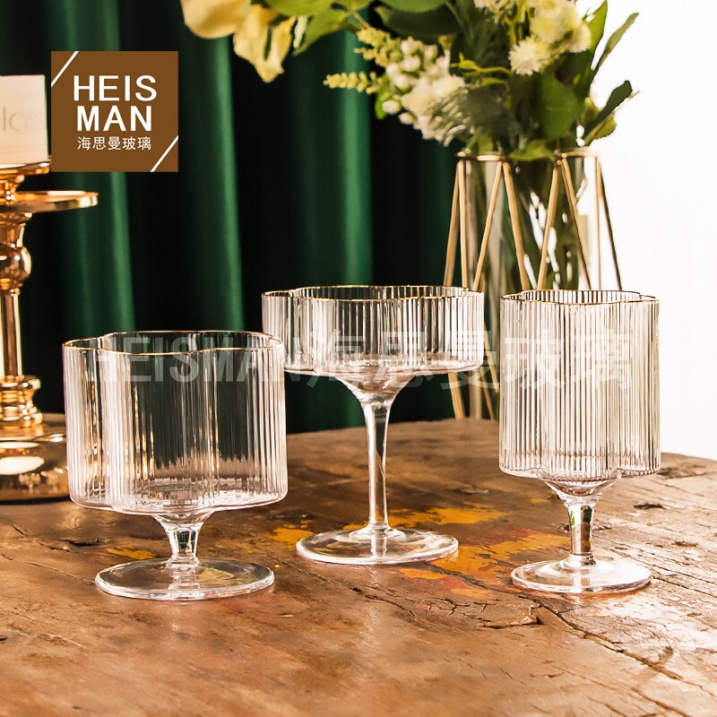 欧式密棱玻璃杯竖楞酒杯条纹高脚冰激凌杯家用凉水壶ins可叠水杯