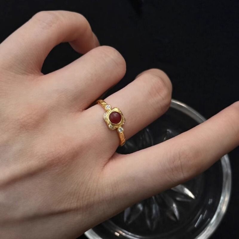 小红书同款中古vintage开口戒指女时尚复古轻奢镶嵌锆石高级手
