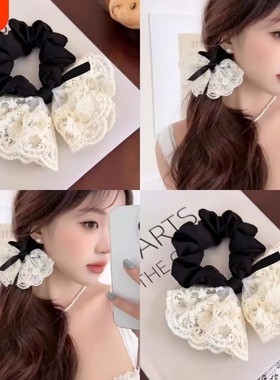 甜美蝴蝶结千金发圈女蕾丝双层温柔韩版皮筋时尚刺绣发绳气质黑色