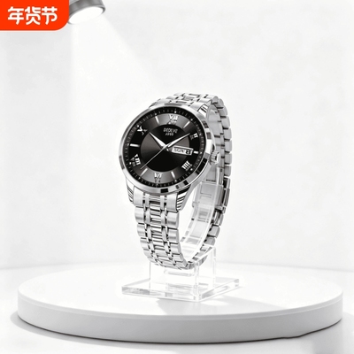 正品瑞士2024新款手表男士全自动机械风防水精钢带双日历男表夜光