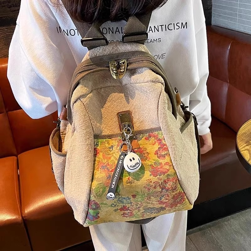 复古棉麻印花双肩包女2025百搭个性亚麻背包旅行包斜挎包