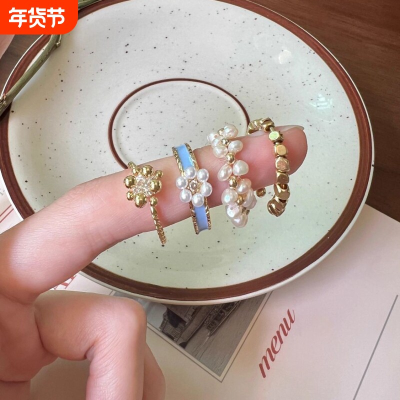 珍珠戒指小众潮珐琅装饰女款设计高级感独特素圈指环2025年新款