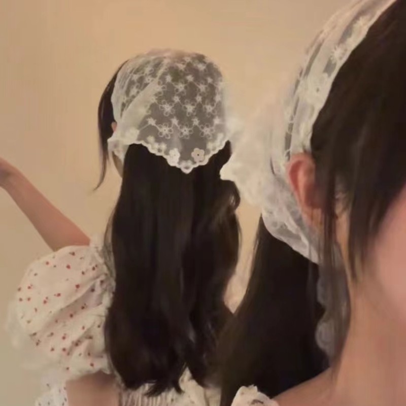 法式白色蕾丝花朵丝巾女夏甜美绑发头巾飘带三角巾薄网红拍照头巾