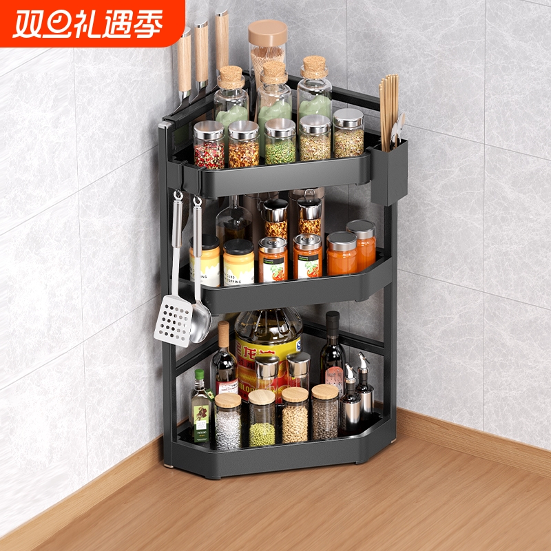 厨房转角置物架调味瓶刀具筷子免打孔收纳架台面墙角三角架调料架