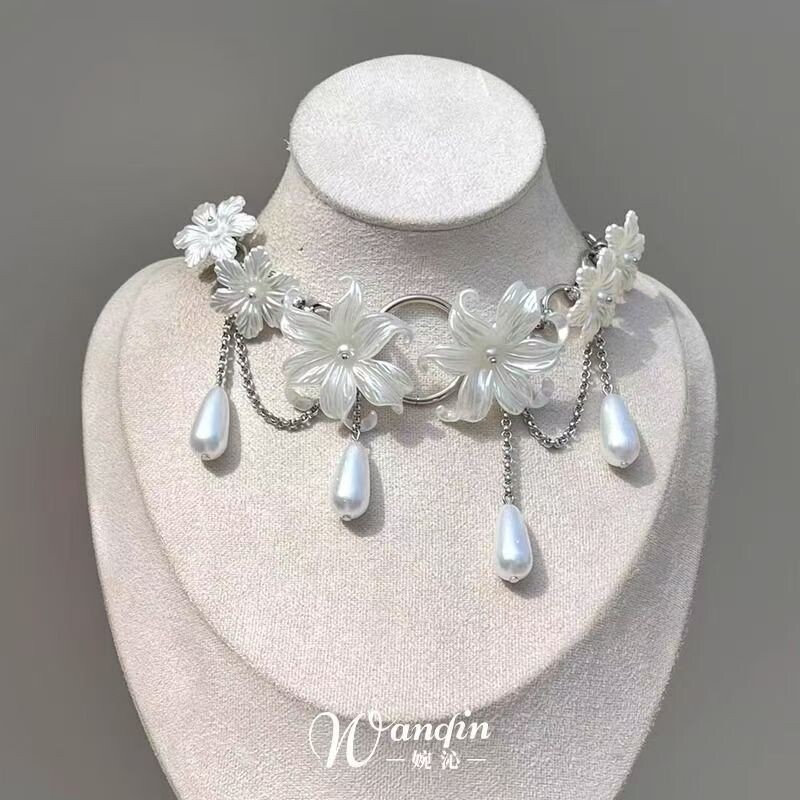 「雪鸢之恋」法式鸢尾花水滴珍珠项链宫廷风重工气质流苏锁骨链女