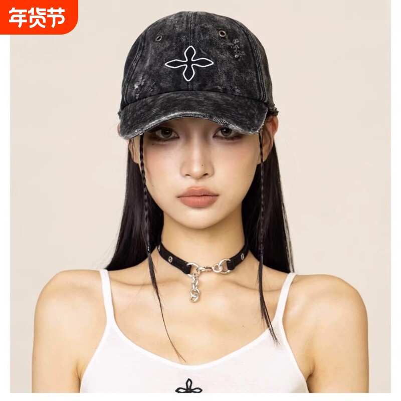暗黑辣十字花牛仔棒球帽街头辣妹遮阳弯檐帽鸭舌帽女新款秋季水洗