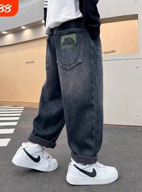 儿童洋气宽松一体绒老爹裤男童春秋冬季加厚牛仔裤中大童哈伦裤潮