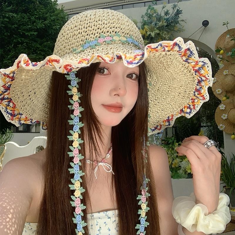 民族风大帽檐草帽女夏海边度假沙滩帽子遮阳防晒渔夫帽草编太阳帽