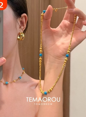 新中式复古显白绿色金色串珠项链女小众设计感锁骨链叠戴颈链