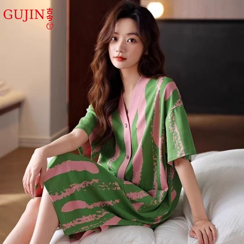 睡裙女夏季纯棉短袖开衫中裙薄款全棉夏天家居服睡衣女士夏款条纹