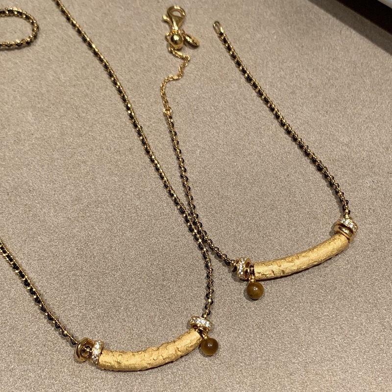 925Vintage中古微笑弯管虎眼项链手链国风新中式黑绳链复古饰品