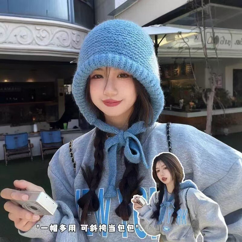 帽子女包包毛线帽保暖百搭秋冬季护耳冷帽纯色系带针织雷锋帽两用