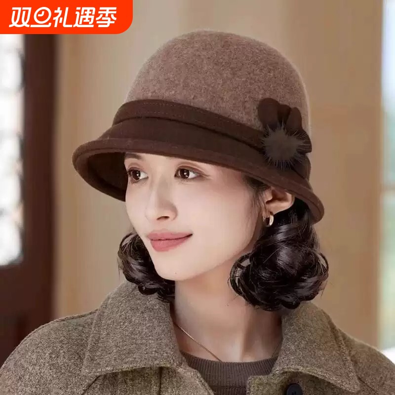 帽子假发一体秋冬时尚加厚中老年妈妈渔夫帽卷发慵懒礼帽头套