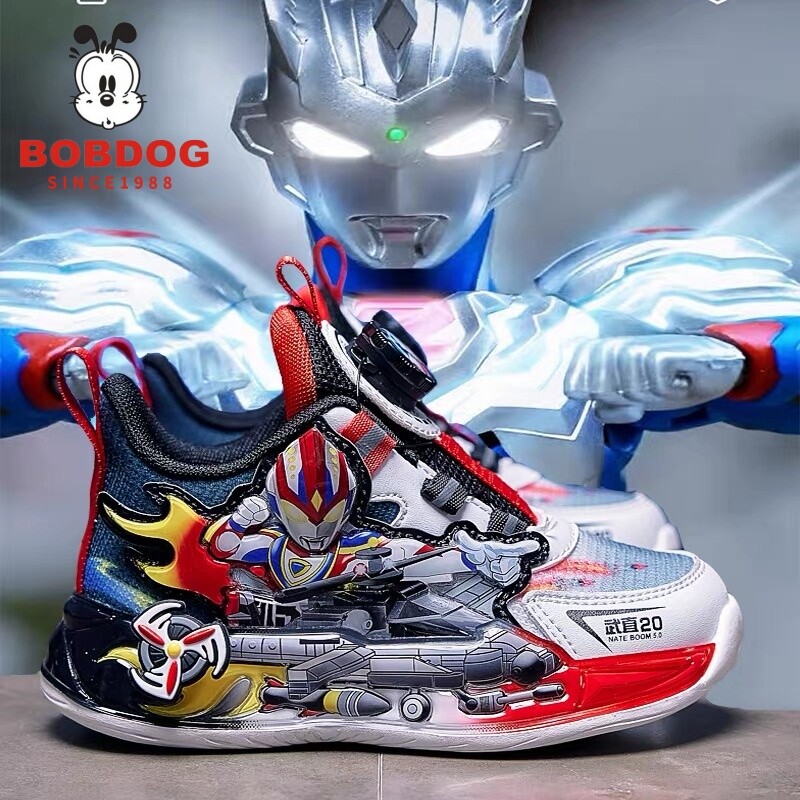 巴布豆真皮赛罗奥特男童鞋秋季儿童网面亮灯运动鞋男孩发光卡通鞋