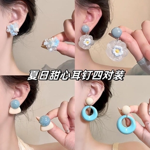初夏氧气 超火耳钉独特氛围绝美耳饰 渐变蓝色花朵耳环女2025新款