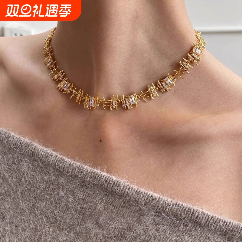 原创小众设计复古编织锆石项链女高级感轻奢choker锁骨链女颈链