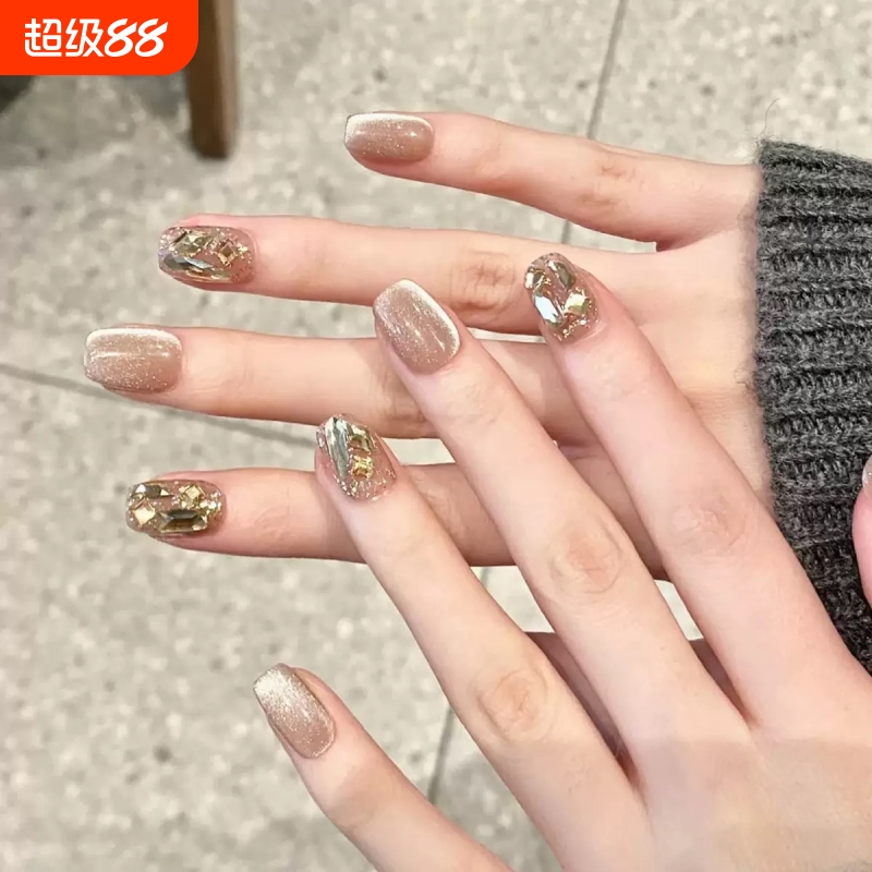 秋冬奶茶棕猫眼爆闪香槟钻穿戴美甲贴成品手工光疗美甲小红书爆款