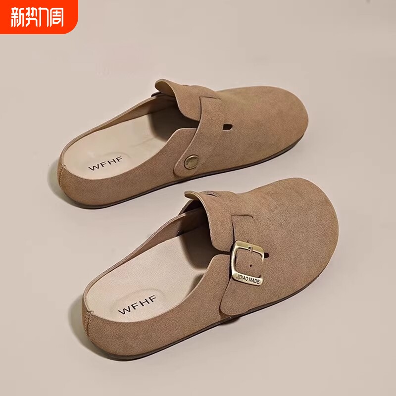 真皮勃肯拖鞋女2026新款春夏外穿一脚蹬懒人包头半拖鞋平底博肯鞋