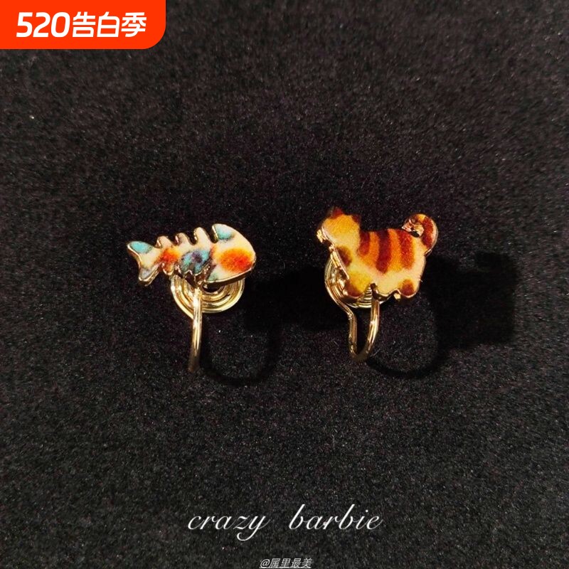 可爱彩色小猫鱼骨耳夹不对称无耳洞耳饰复古小众独特2025年新款女