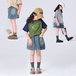童装 复古牛仔短裙大童防走光内衬儿童口袋做旧半身裙 女童夏季 新款