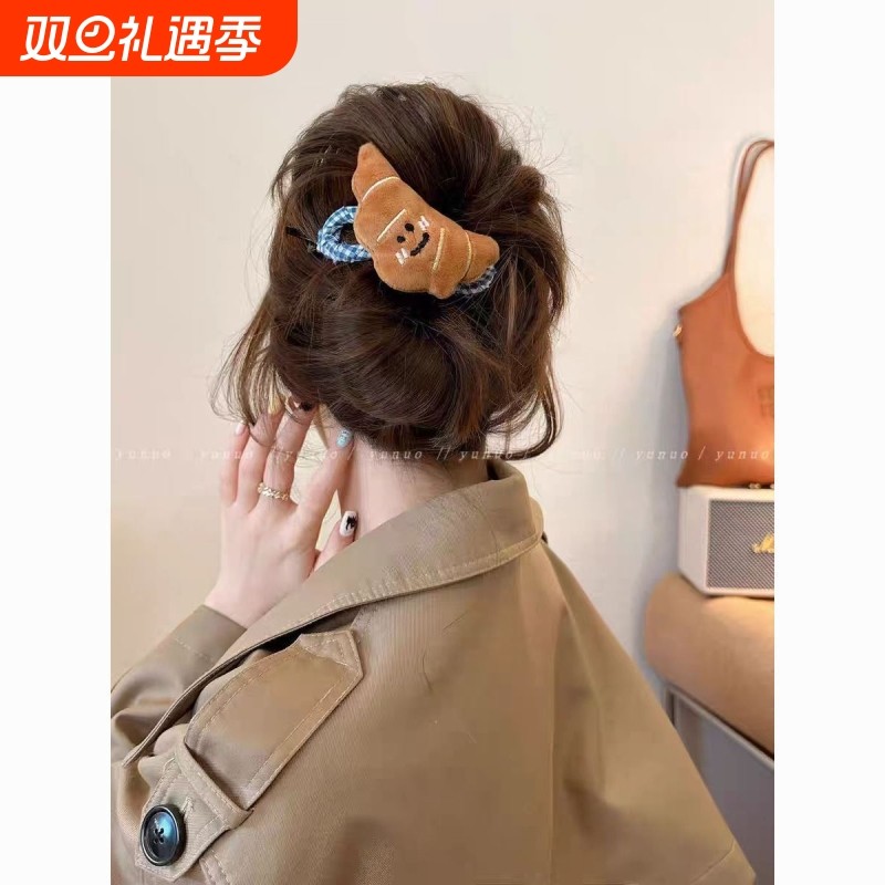 可爱毛绒牛角包一字鸭嘴夹发夹女后脑勺韩版爆款高级感抓夹扭扭夹