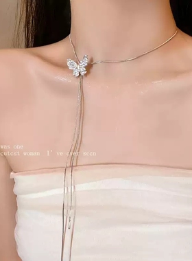 银色蝴蝶长款流苏项链女夏季新款可抽拉调节锁骨链小众高级感配饰