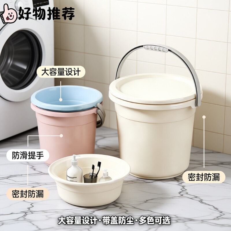 家用带盖脸盆水桶提桶学生宿舍用加厚储水衣塑料桶套装大容量密封