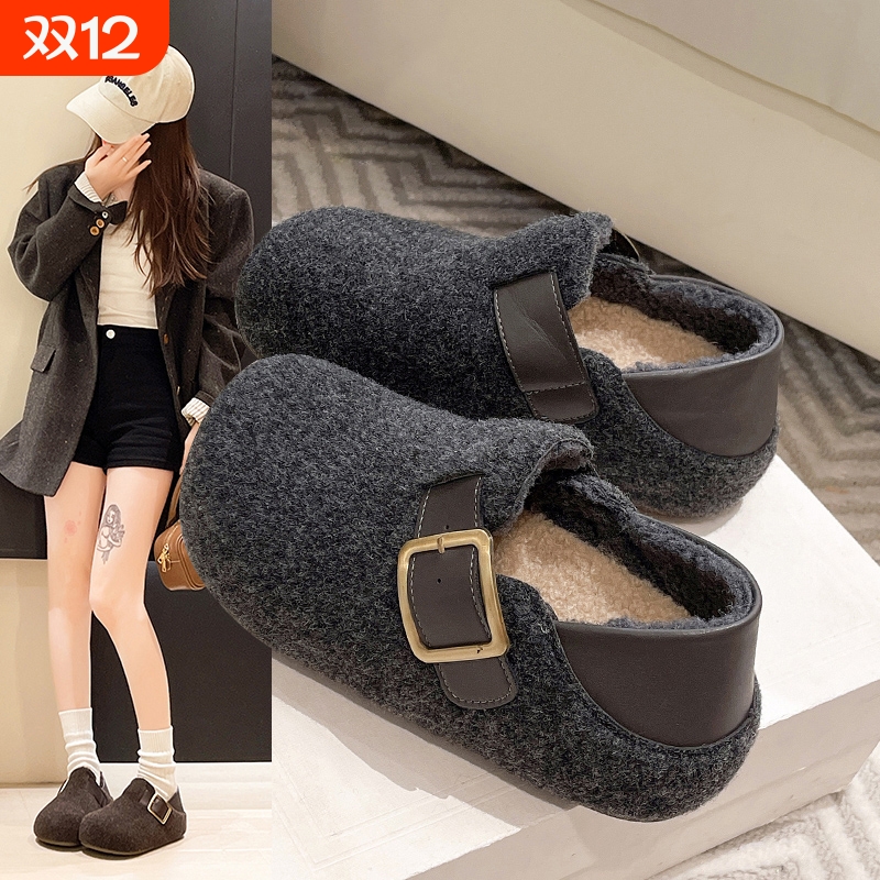 内增高毛呢加绒勃肯鞋女2025秋冬新款复古一脚蹬保暖豆豆鞋棉鞋子