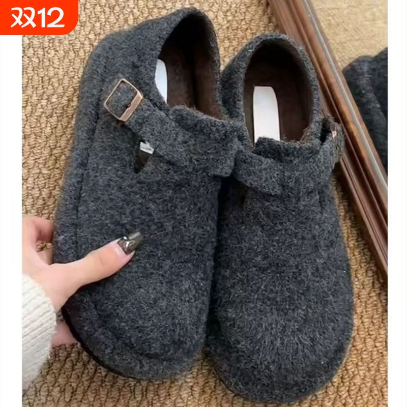 隐形内增高6CM复古加绒勃肯鞋女厚底2025年秋冬新款一脚蹬女棉鞋