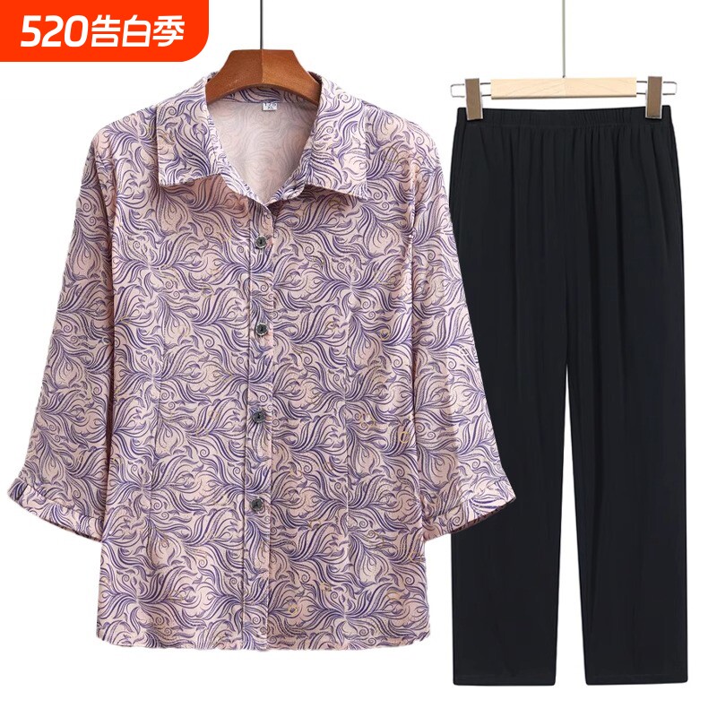 妈妈夏装短袖两件套装70岁老年人奶奶七分袖衬衫老妈太太老人衣服