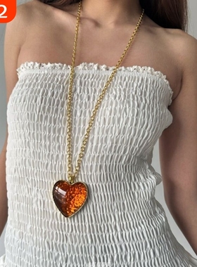 重工高级复古橙色琥珀十字架爱心金色叠戴长款项链毛衣链