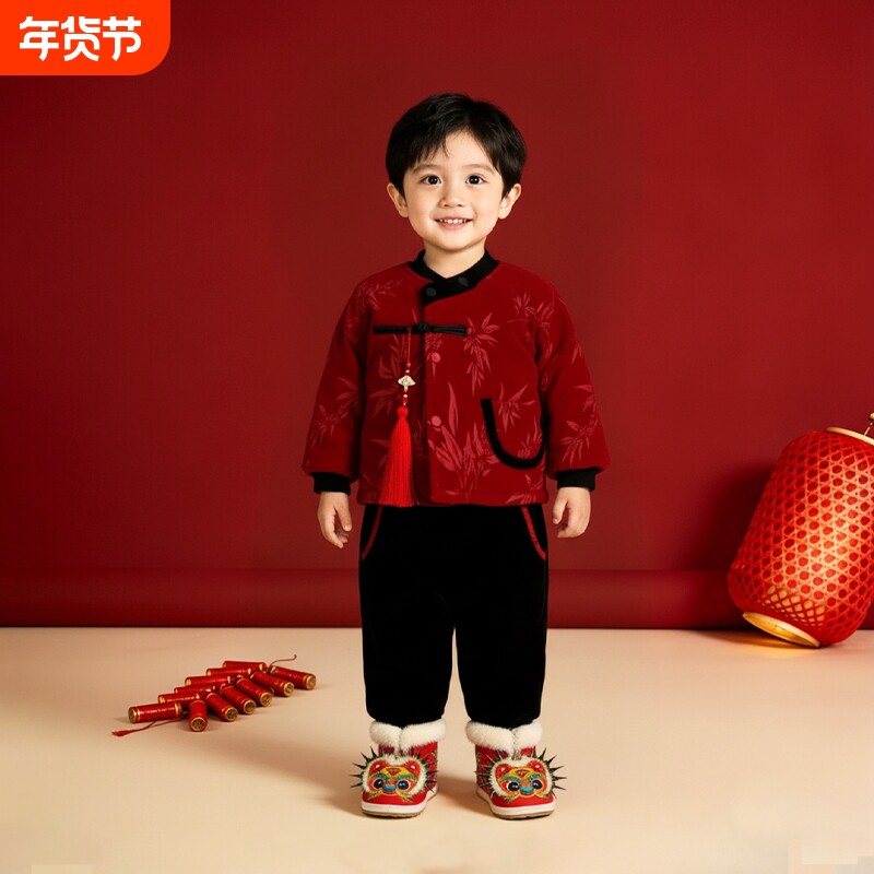 婴幼儿秋冬款中式提花套装宝宝百天抓周红色礼服加绒加厚唐装分体